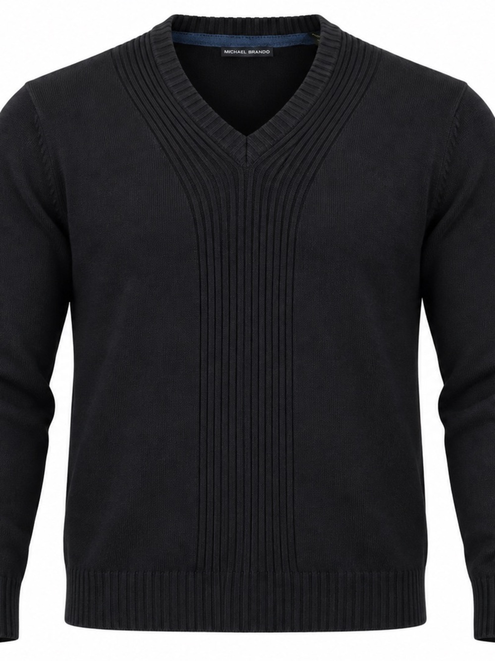 Michael Brandon Black Ribbed V-Neck Sweater
